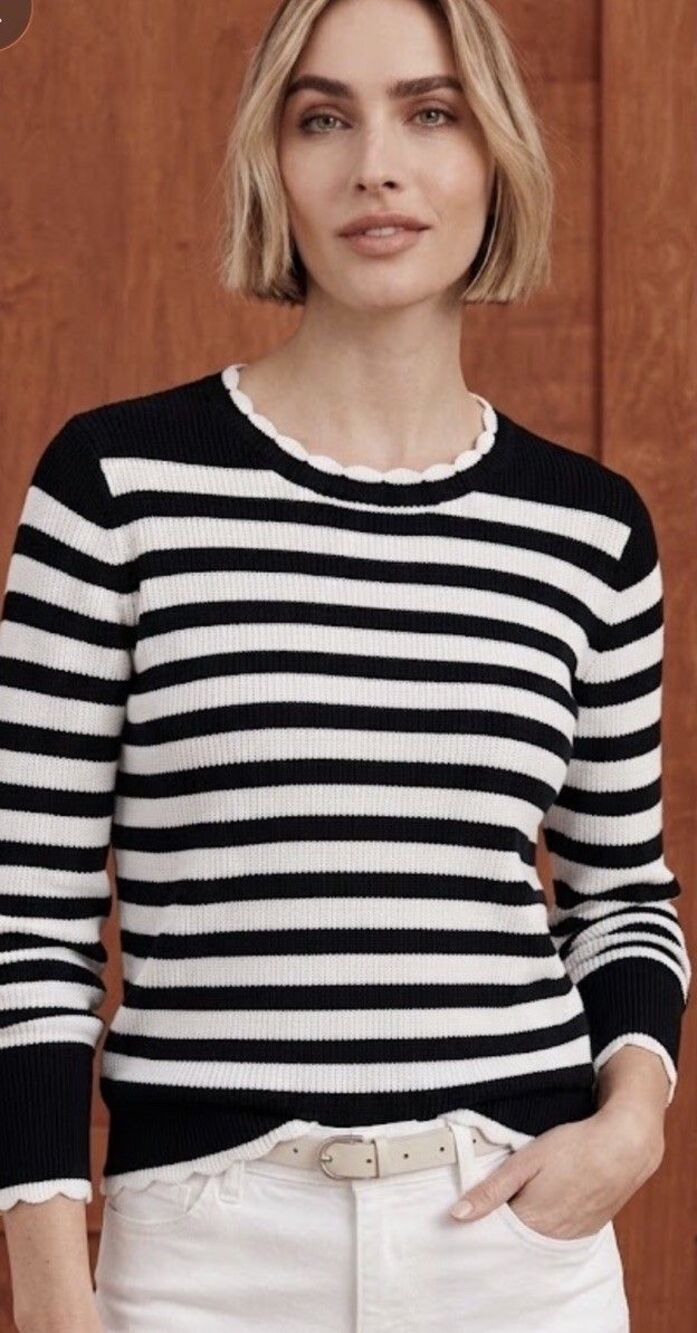 Greige Women’s Size XL Black Stripe White Ruffle Chunky Knit Sweater Preppy Fall
